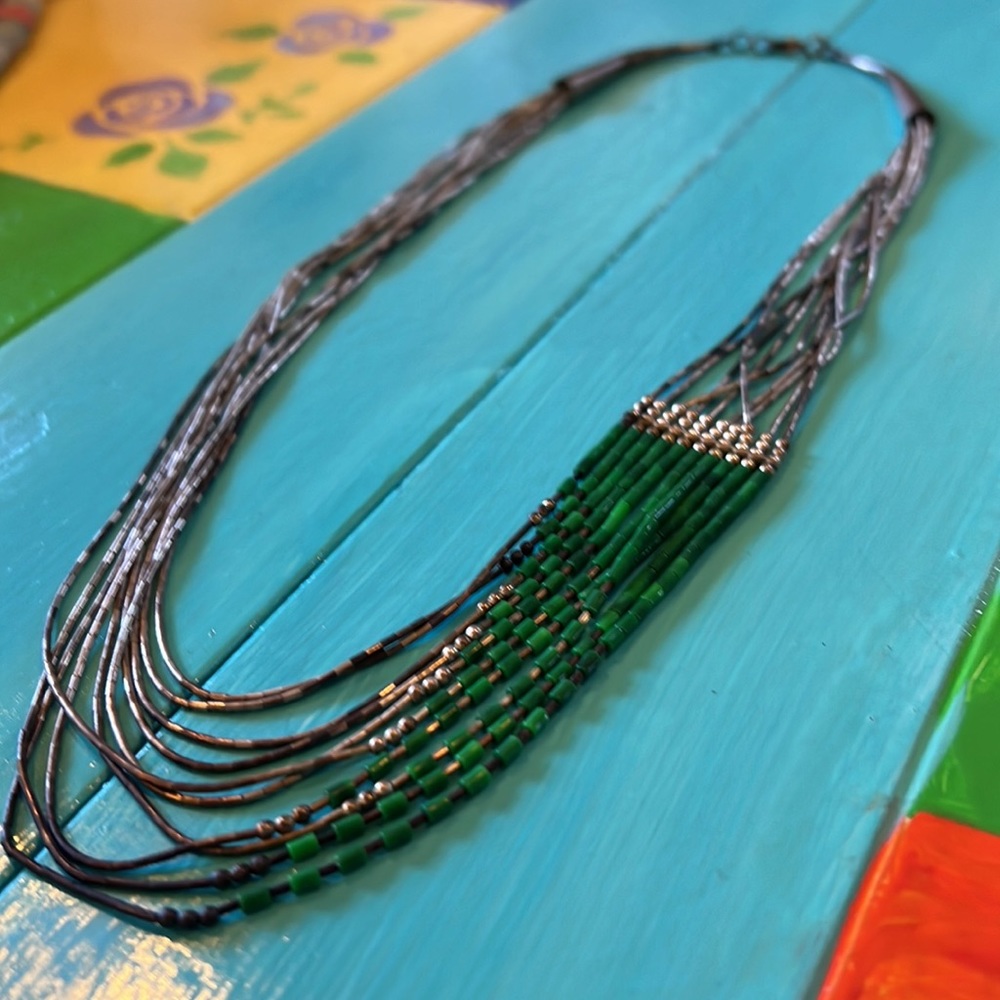 Vintage liquid silver malachite 10 strand necklace artist marked sterling .925